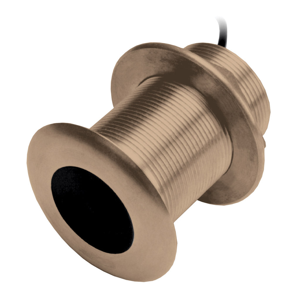 Garmin B150M Bronze 20° Thru-Hull Transducer, 300W, 8-pin for marine sonar and depth measurement, shown mounted on boat hull.