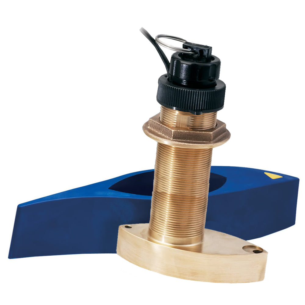 Garmin B744VL long stem bronze thru-hull transducer for depth, temperature, and speed with 8-pin connector installed on boat hull.