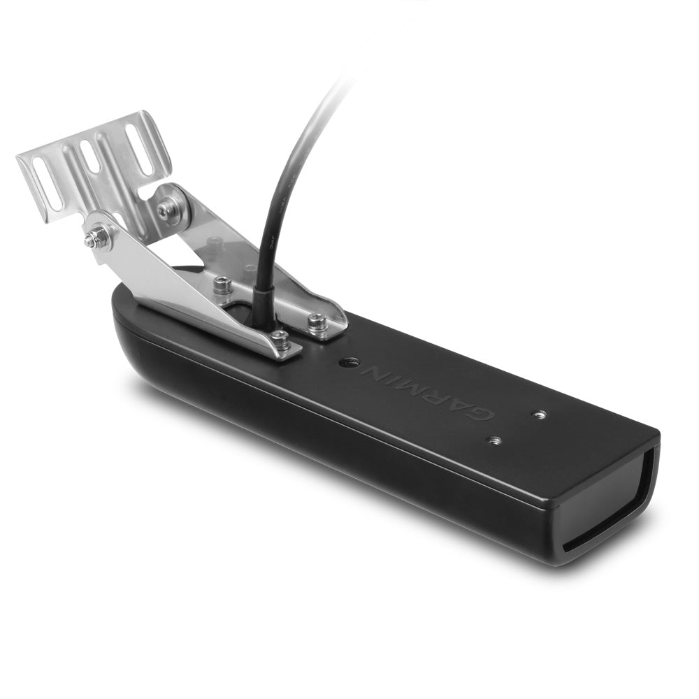 Garmin GT21-TM transom mount transducer with traditional 600W, ClearV CHIRP 500W, and 260/455kHz frequencies for boat sonar.