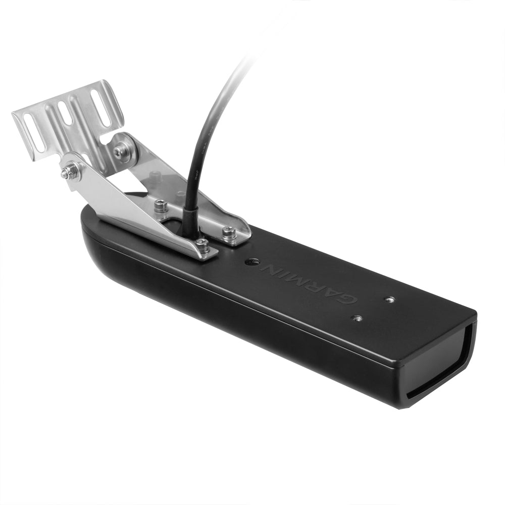 Garmin GT23M-TM plastic transducer with mid-band CHIRP and DownVu sonar, 260/455kHz, 500W, 8-pin connector for marine use.