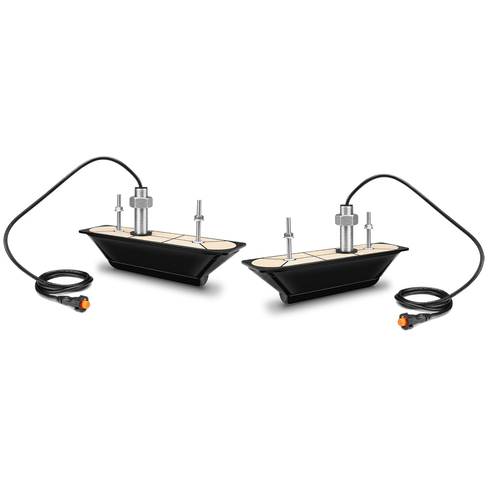 Pair of Garmin GT34UHD-THP Ultra HD Thru-Hull Transducers for boat sonar and fishfinder systems, showing transducer units mounted on a hull.