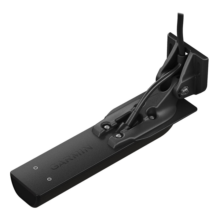 Garmin GT36UHD-TM transom mount transducer for boat sonar and fish finder, showing transducer attached to boat hull.