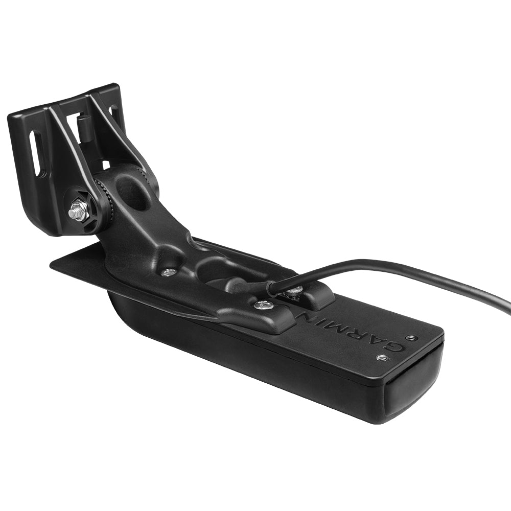 Garmin GT54UHD-TM Ultra High-Definition Scanning Sonar All-In-One Transducer mounted on a boat hull, showing detailed sonar technology.