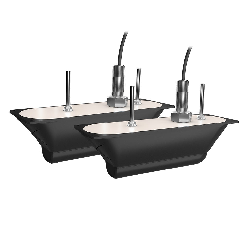 Pair of Garmin GT56UHD-THP thru-hull mount transducers for marine sonar and fishfinding systems, shown mounted on a boat hull