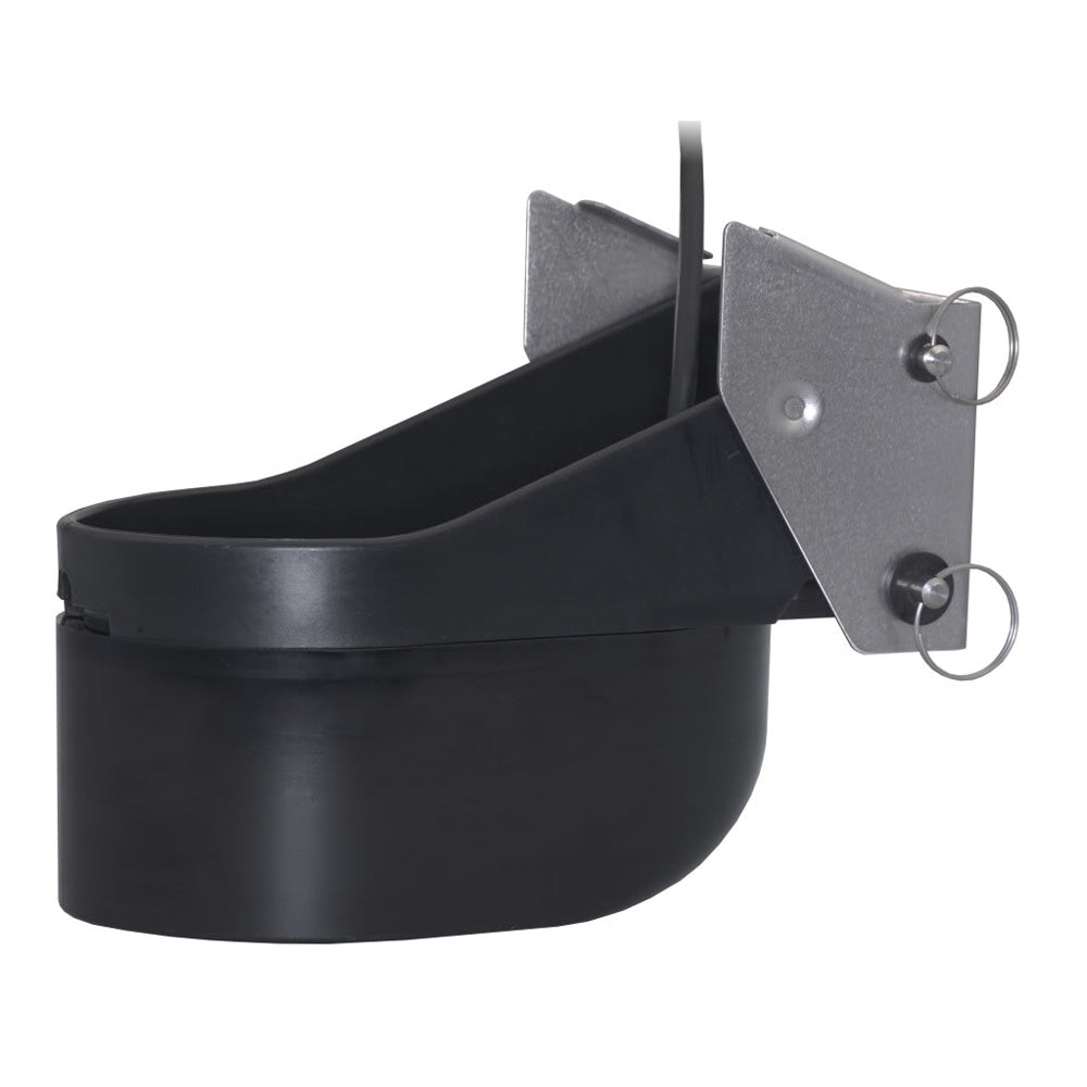 Garmin TM265LH plastic transom mount transducer with 12-pin connector showing depth and temperature sensors for marine use.