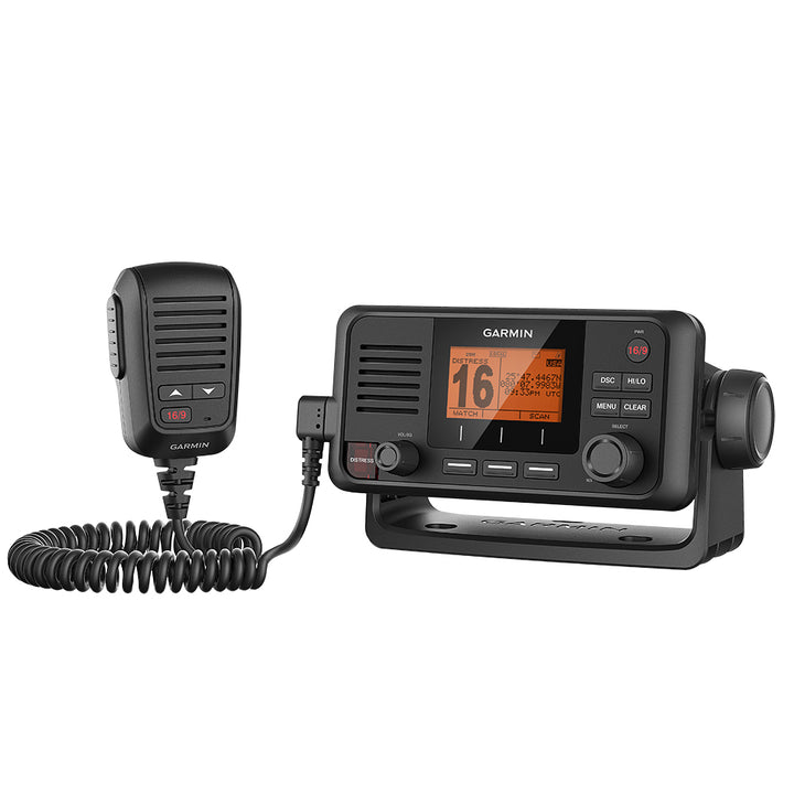 Garmin VHF 115 Marine Radio fixed mount VHF radio for boats, with digital display and control buttons.