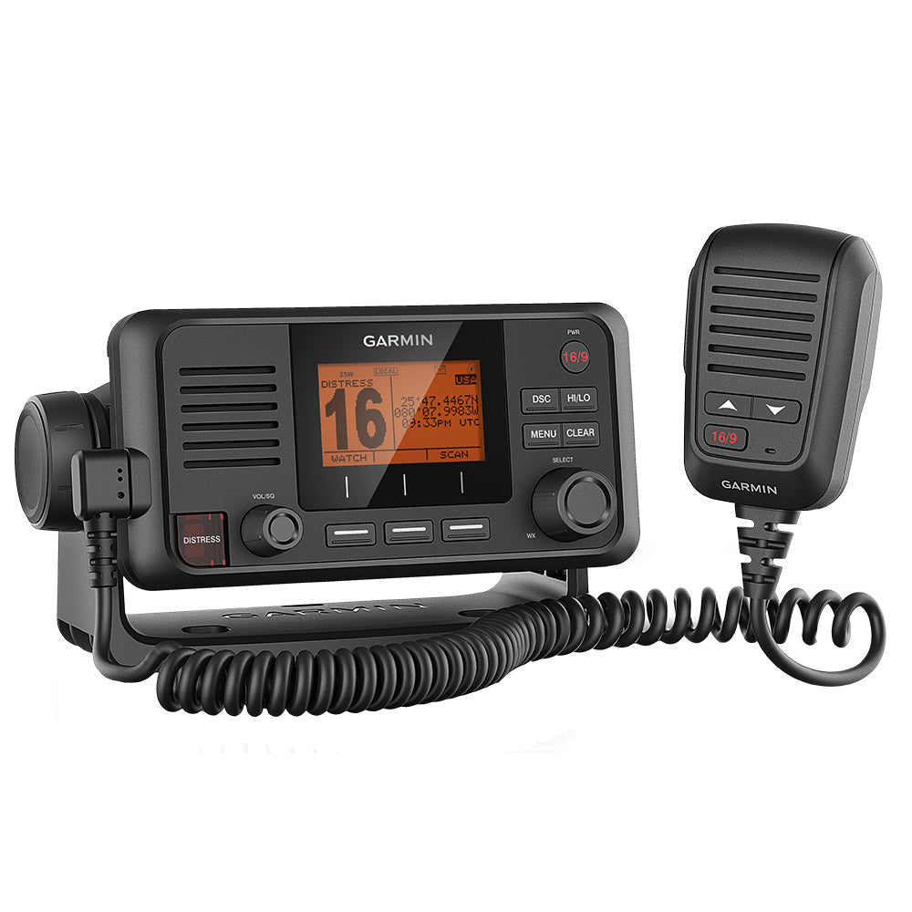 Garmin VHF 115 Marine Radio fixed mount VHF radio for boat communication with digital display and control buttons.