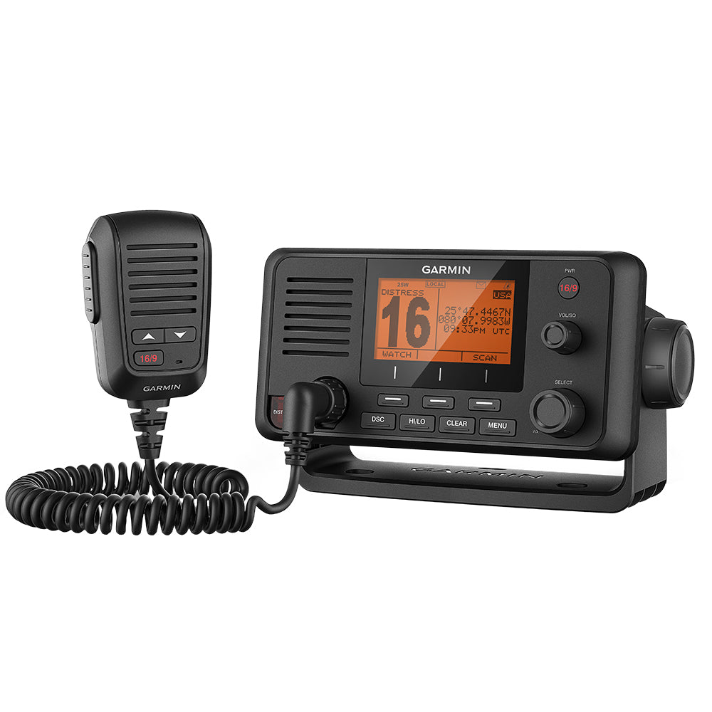Garmin VHF 215 AIS Marine Radio fixed mount VHF radio with display and control panel for boat communication.