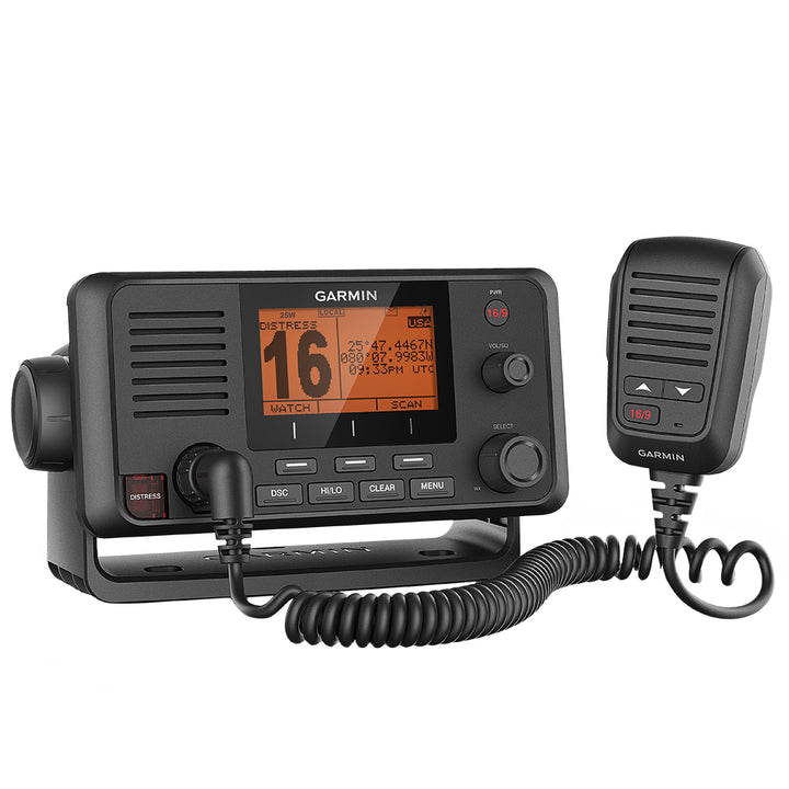 Garmin VHF 215 AIS marine radio fixed mount with digital display and control knobs for boat communication and navigation.