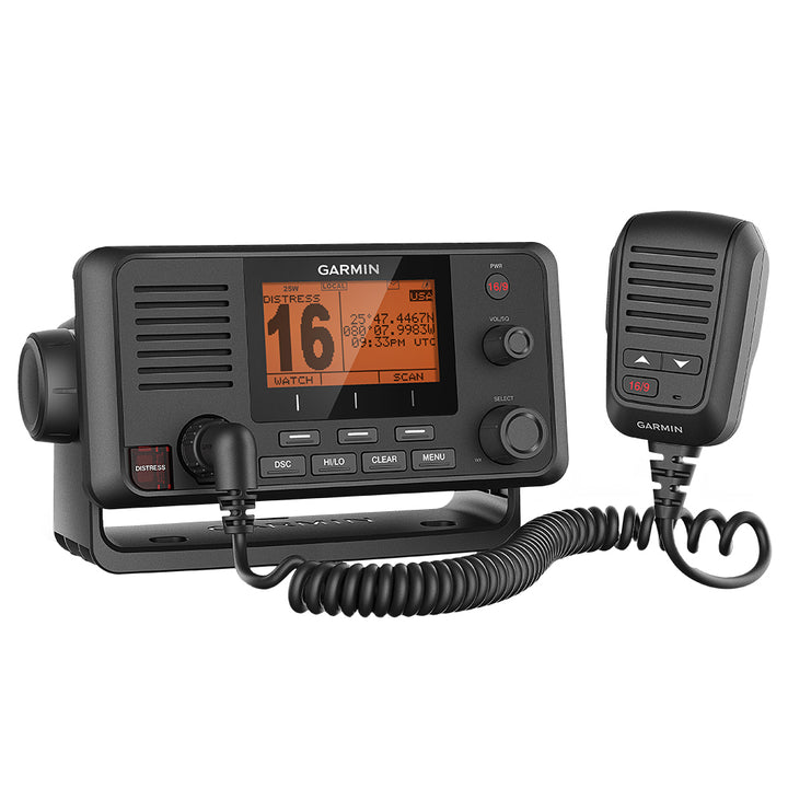 Garmin VHF 215 Marine Radio fixed mount VHF radio with digital display and control knobs for marine communication.