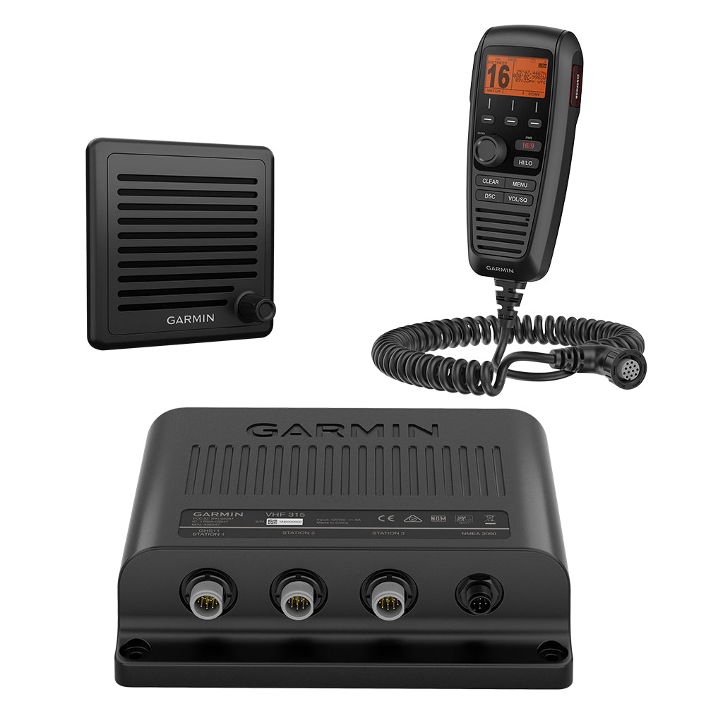 Garmin VHF 315 marine radio with fixed mount, featuring a digital display and control buttons for boat communication.
