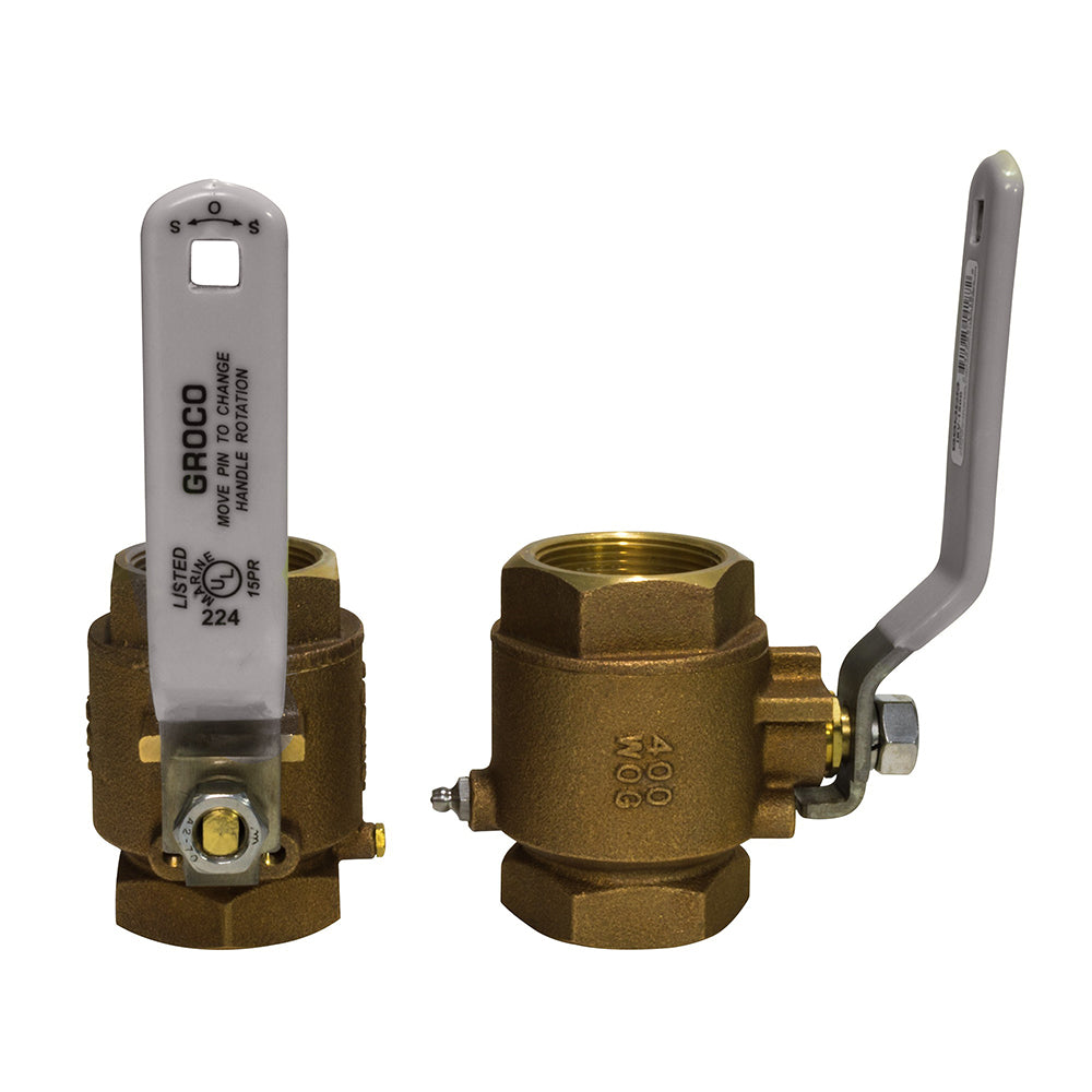 GROCO 1-1/2" NPT bronze in-line ball valve for plumbing, showing the valve with metal handle and threaded fittings