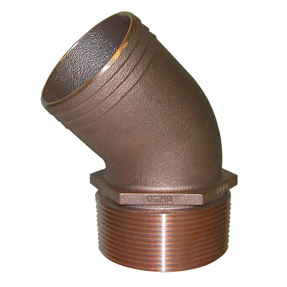 GROCO bronze 1-1/4 inch NPT 45-degree pipe to hose fitting, durable marine-grade brass connector for plumbing applications