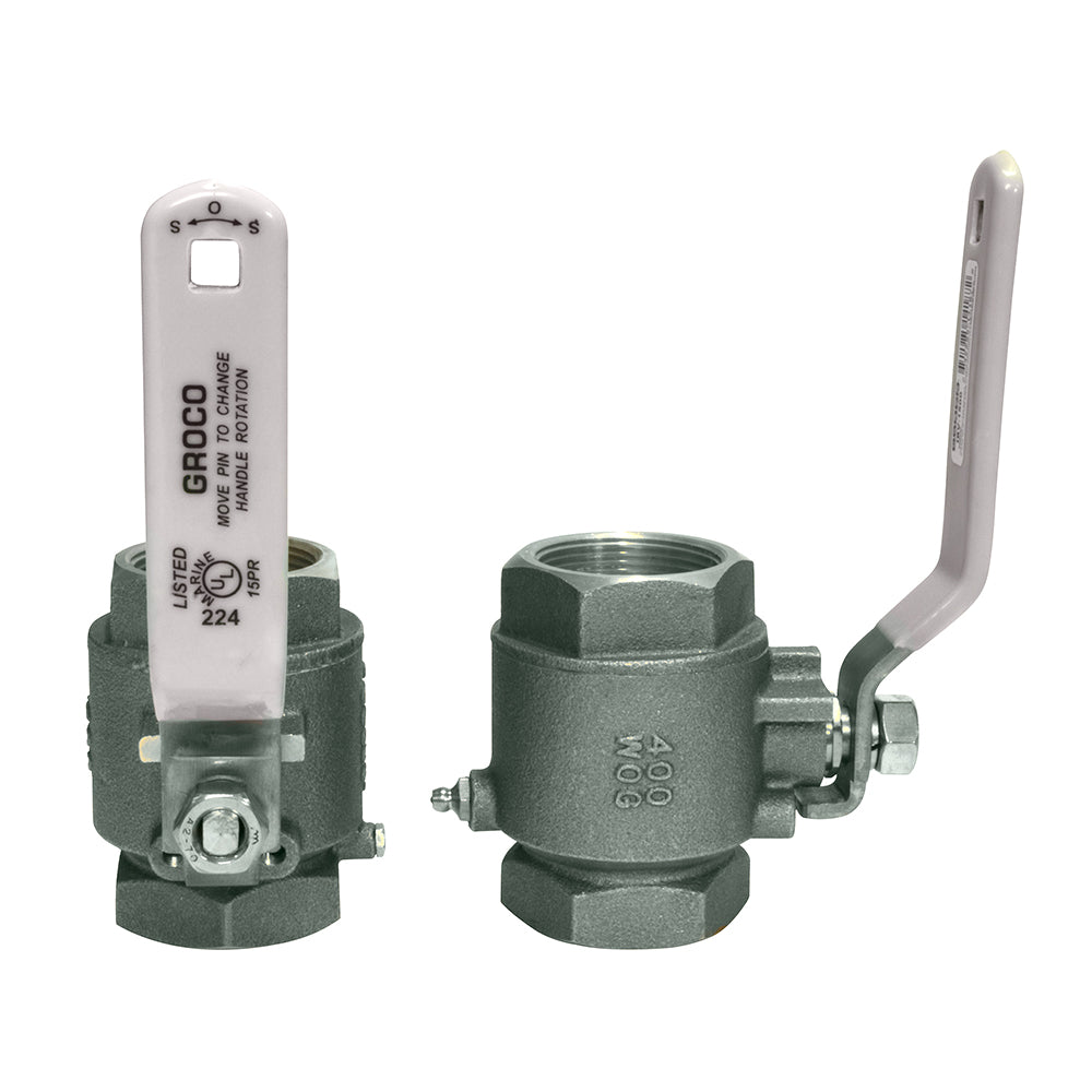 GROCO stainless steel inline ball valve with 1-1/4 inch NPT fittings, durable metal plumbing component for fluid control