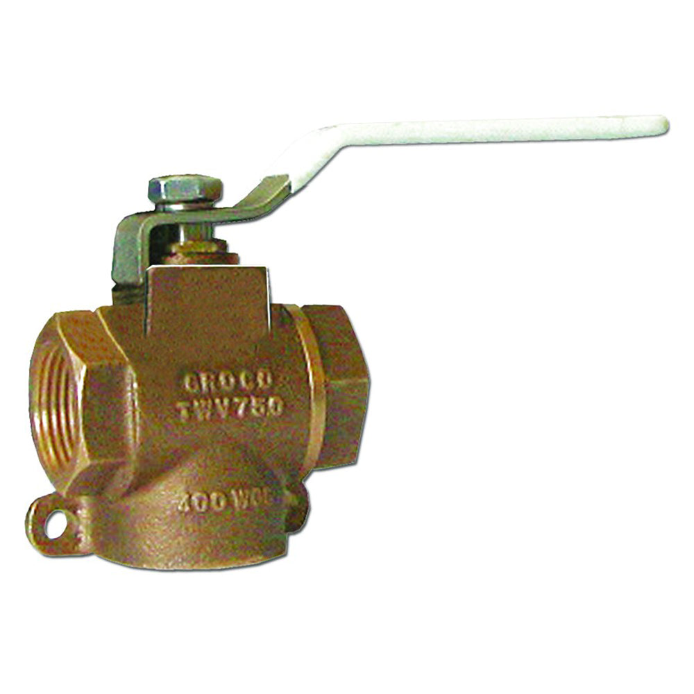 GROCO 1/2-inch NPT bronze 3-way valve for plumbing fittings, showing the valve body with inlet and outlet ports.