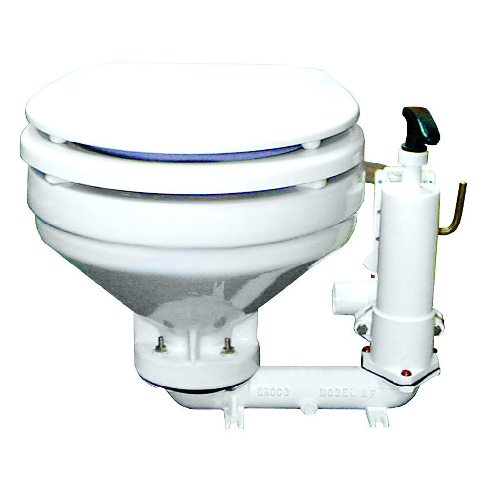 GROCO HF Series hand-operated marine toilet for marine sanitation, shown in a boat bathroom setting.