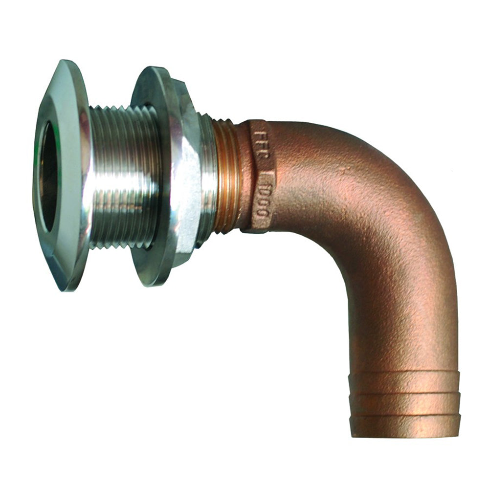 GROCO 1-inch 90-degree hose thru-hull fitting for marine plumbing, showing the fitting with attached hose and secure connection