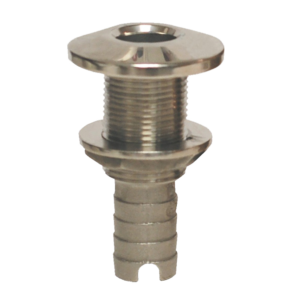 GROCO stainless steel hose barb thru-hull fitting, 1-1/8 inch diameter, for marine plumbing applications.
