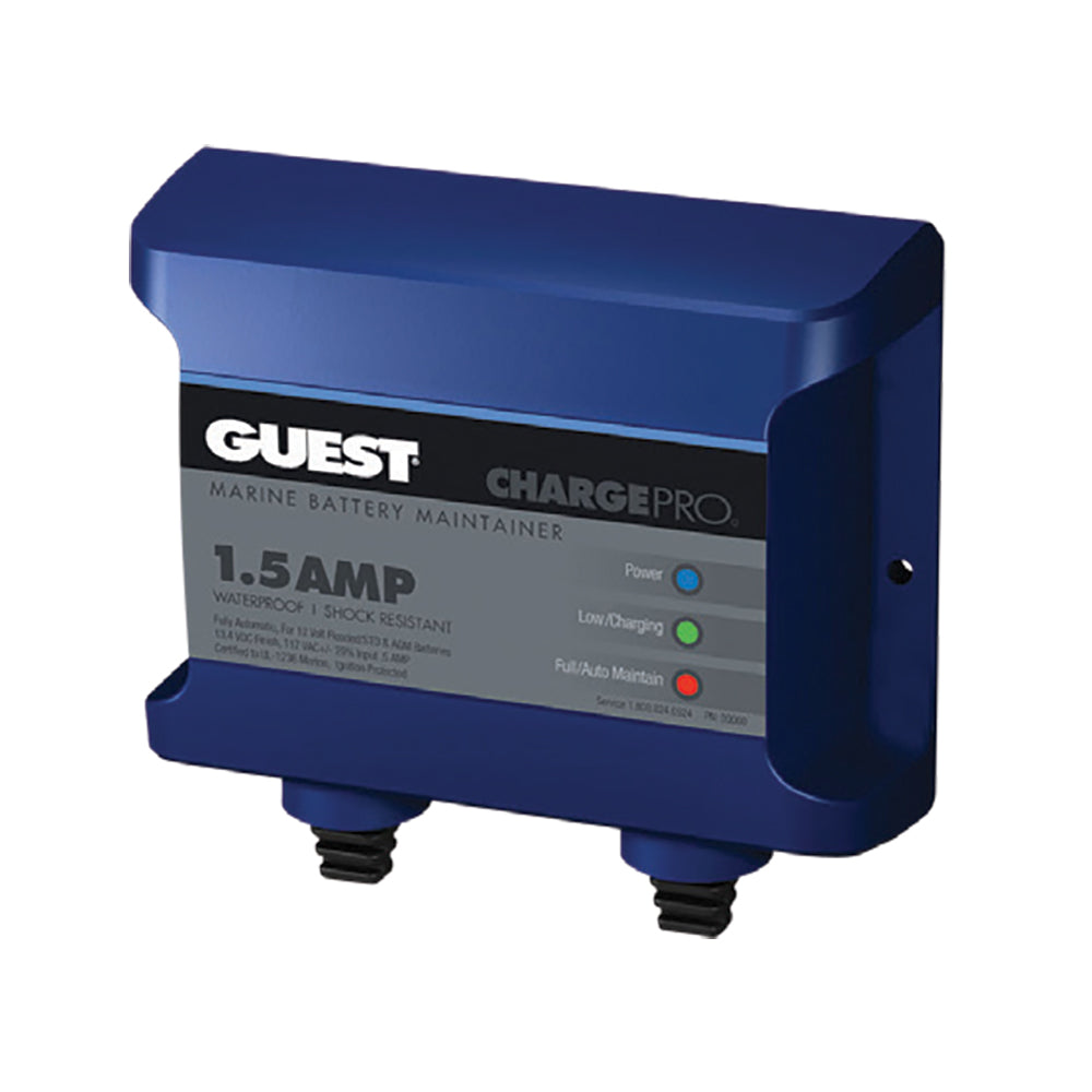 Guest 1.5A Maintainer Charger for batteries, compact black battery charger with LED indicator display.