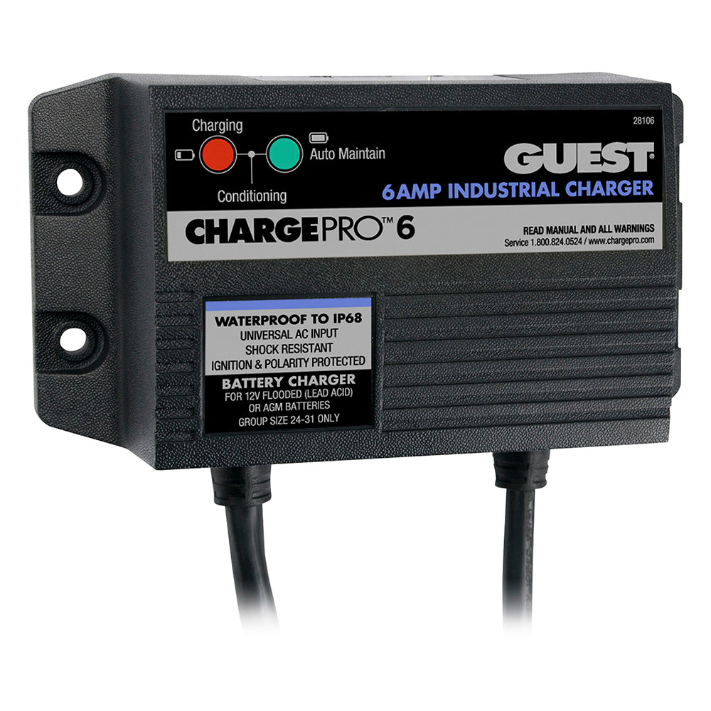 Guest 6A 12V 1-bank onboard battery charger with 120V input, designed for vehicle or marine battery charging.