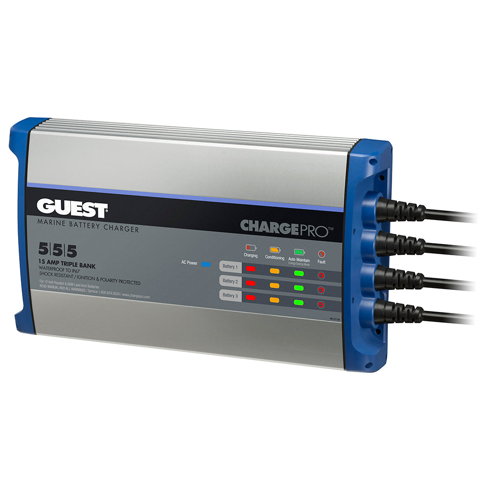 Guest On-Board Battery Charger 15A 12V 3-Bank for RVs, showing the compact charger unit with power input port and control panel.