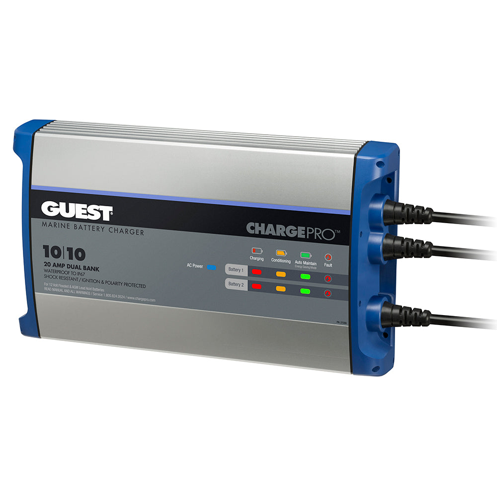 Guest On-Board Battery Charger 20A 12V 2-Bank for RVs, with 120V input, shown installed in a vehicle's battery compartment.