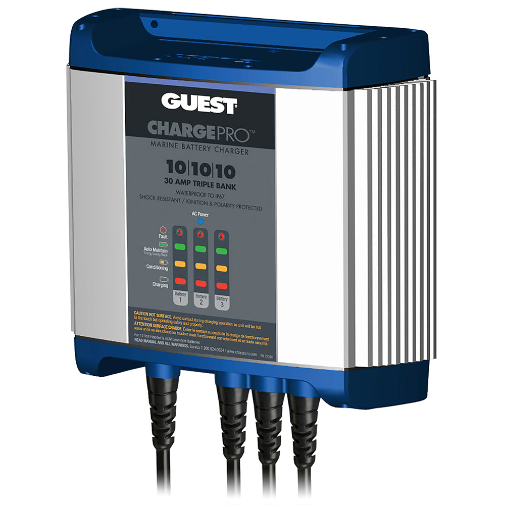 Guest On-Board Battery Charger 30A 12V 3-Bank for RVs, with 120V input, compact marine battery charger in black with labels