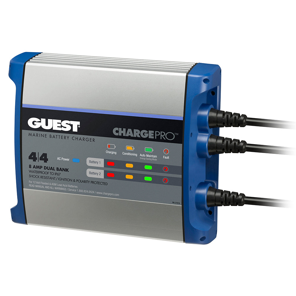 Guest On-Board Battery Charger 8A 12V 2-Bank with 120V input, marine battery charger for RV and boat applications.