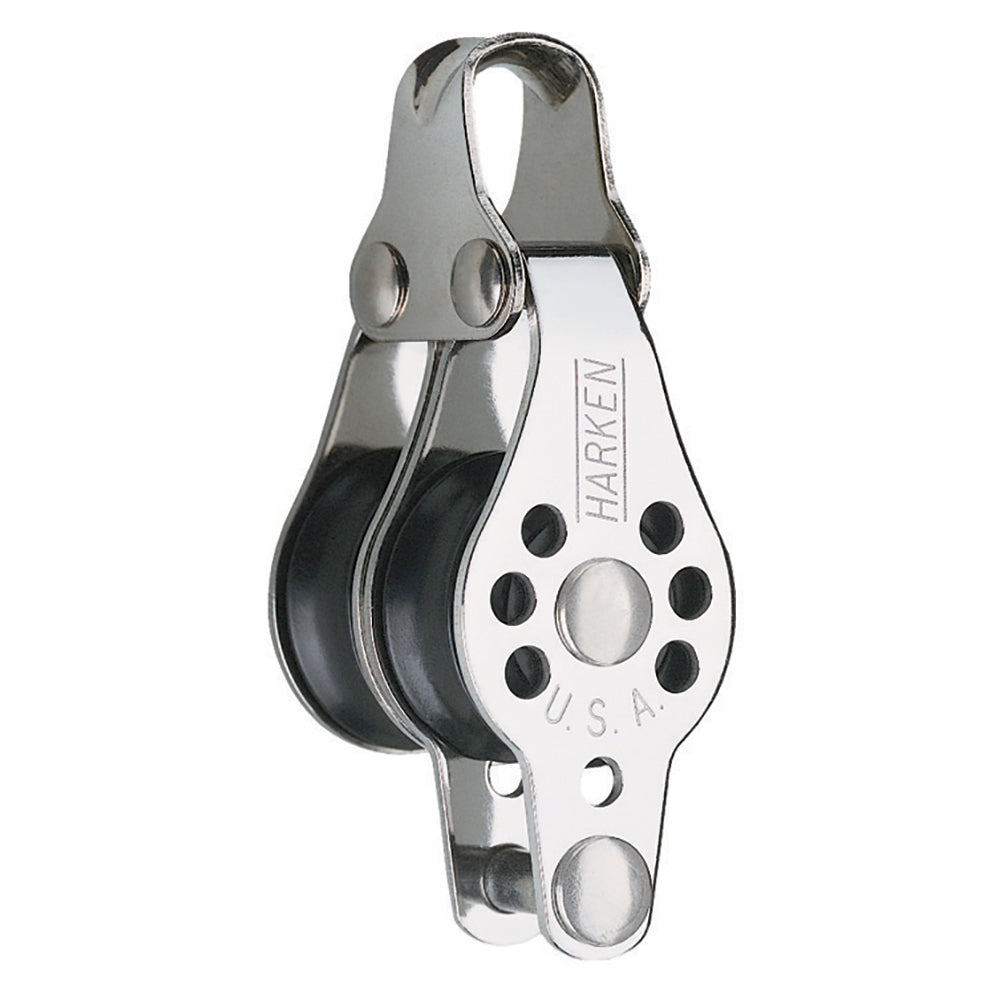 Harken 22mm double micro block with becket, compact sailing block for rigging and sail control, in a close-up view.