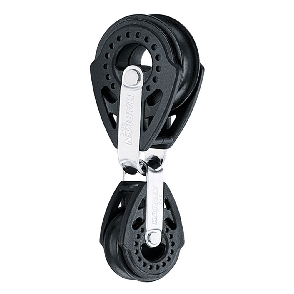 Harken Carbo Traveler Block with 40mm and 29mm sheaves, durable sailing hardware for smooth rope movement