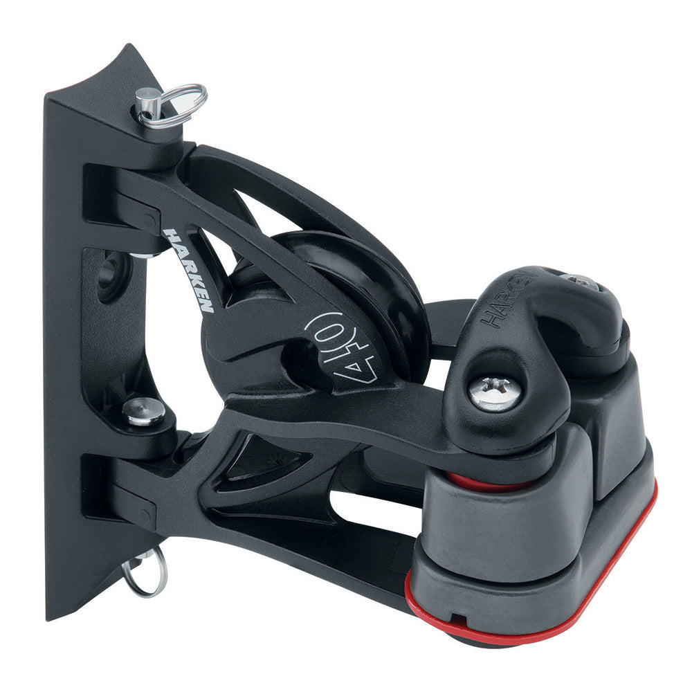 Harken 40mm Carbo Air pivoting lead block with aluminum Cam-Matic cleat, used for sailing and rigging applications.