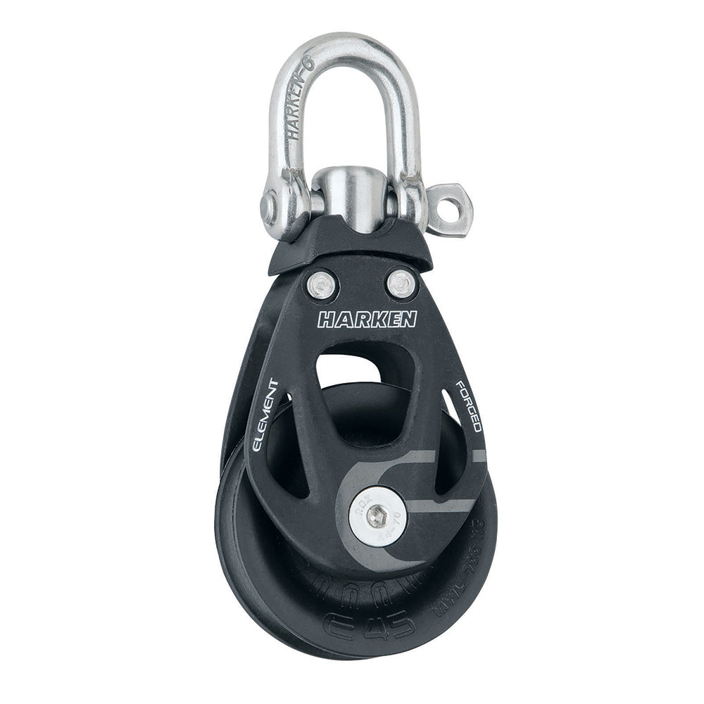 Harken 45mm single element block with swivel, marine sailing equipment, showing the block with attachment points and swivel mechanism.
