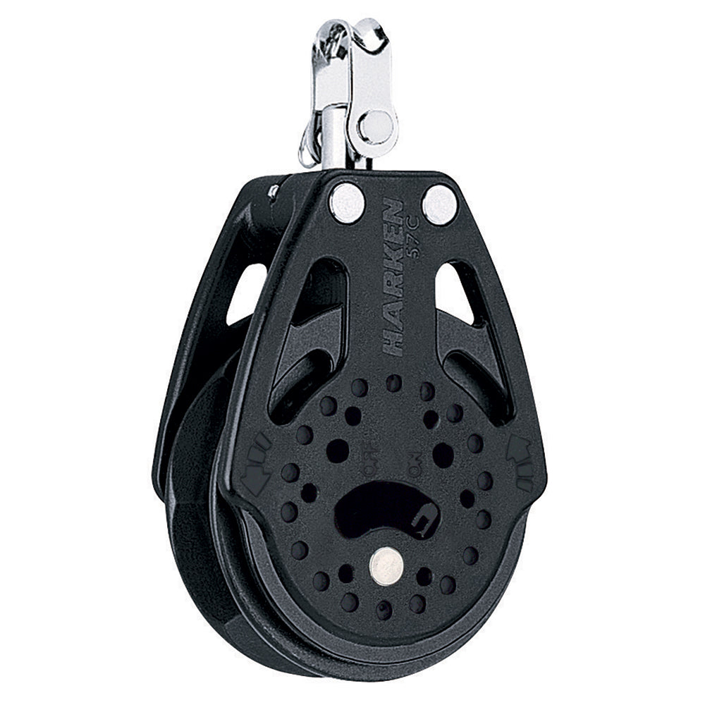 Harken 57mm Carbo single ratchet block with swivel for sailing or rigging, featuring durable construction and easy handling.