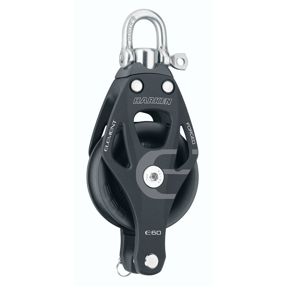 Harken 60mm single aluminum block with swivel and becket, used for sailing rigging and hardware applications.