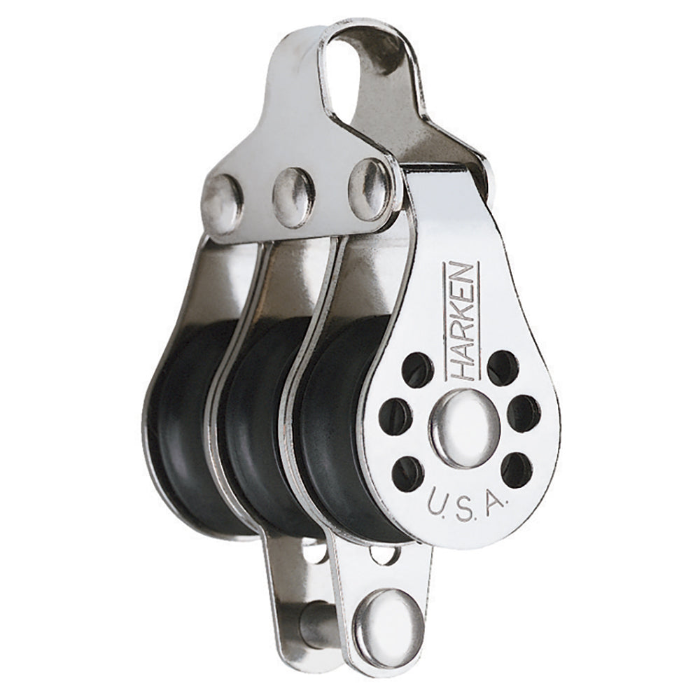Harken 22mm Triple Micro Block with Becket for fishing, used as outrigger accessory, compact and durable sailing hardware