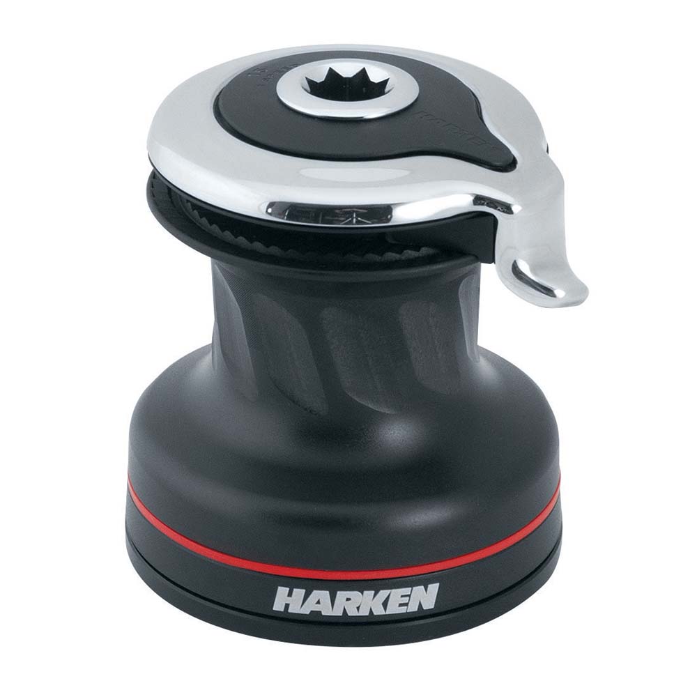 Harken 15 Self-Tailing Radial Aluminum Winch, marine sailing equipment, close-up of winch with handle and drum.