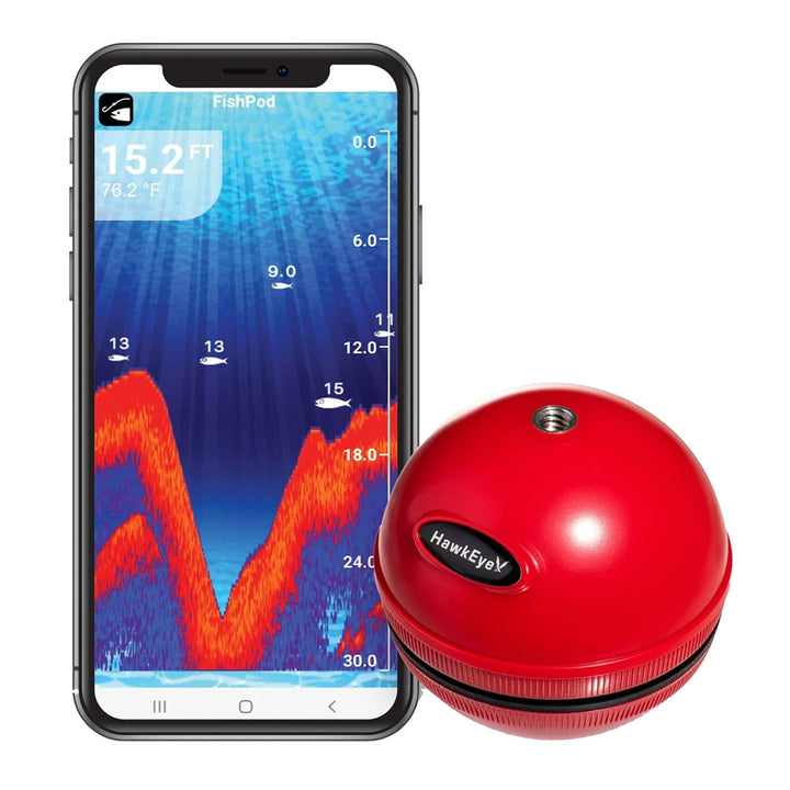 HawkEye FishPod 5X Bluetooth fishfinder accessory showing the compact device with display and control buttons.