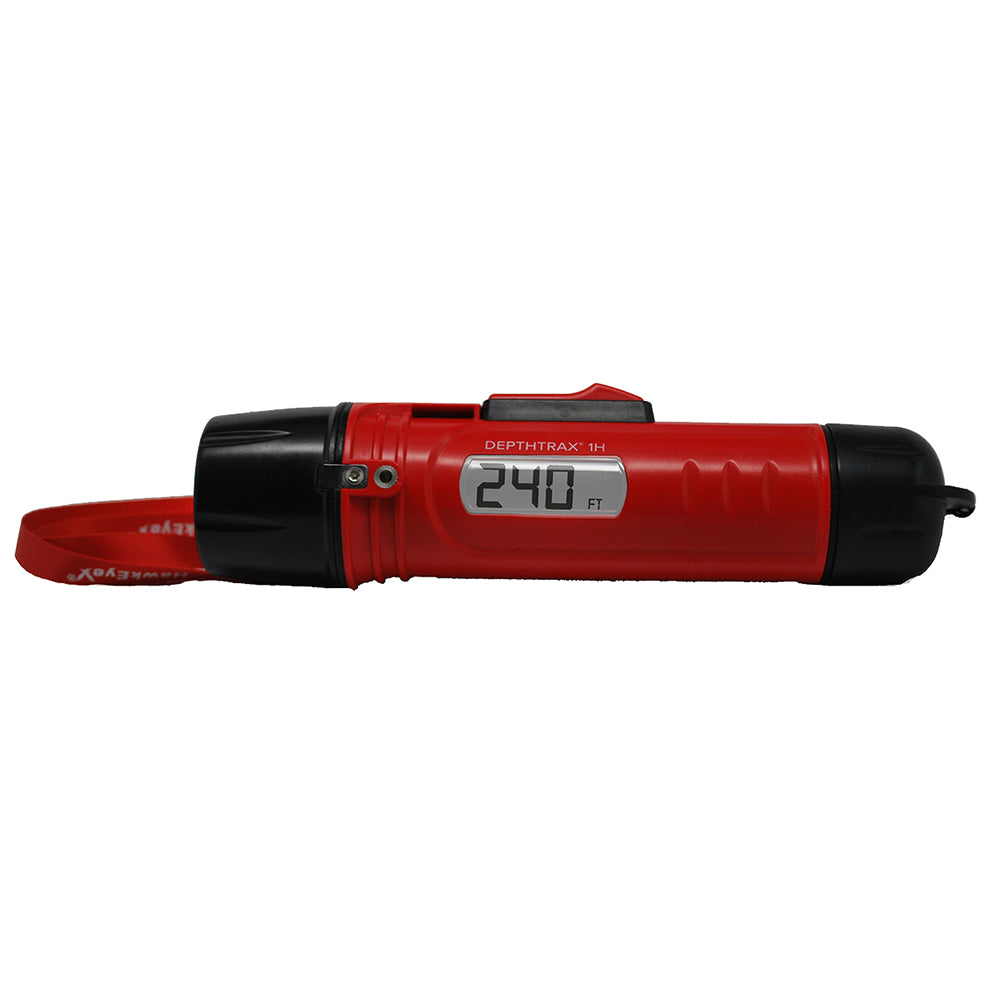 HawkEye DepthTrax 1H handheld fishfinder and depth reader, showing display with water depth and temperature readings.
