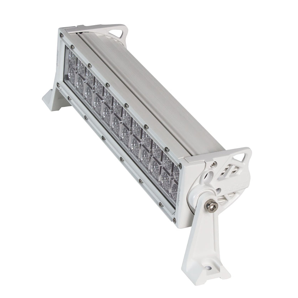 HEISE Dual Row Marine LED Light Bar, 14-inch, bright white LED lighting for boats, installed on a vessel for enhanced visibility.