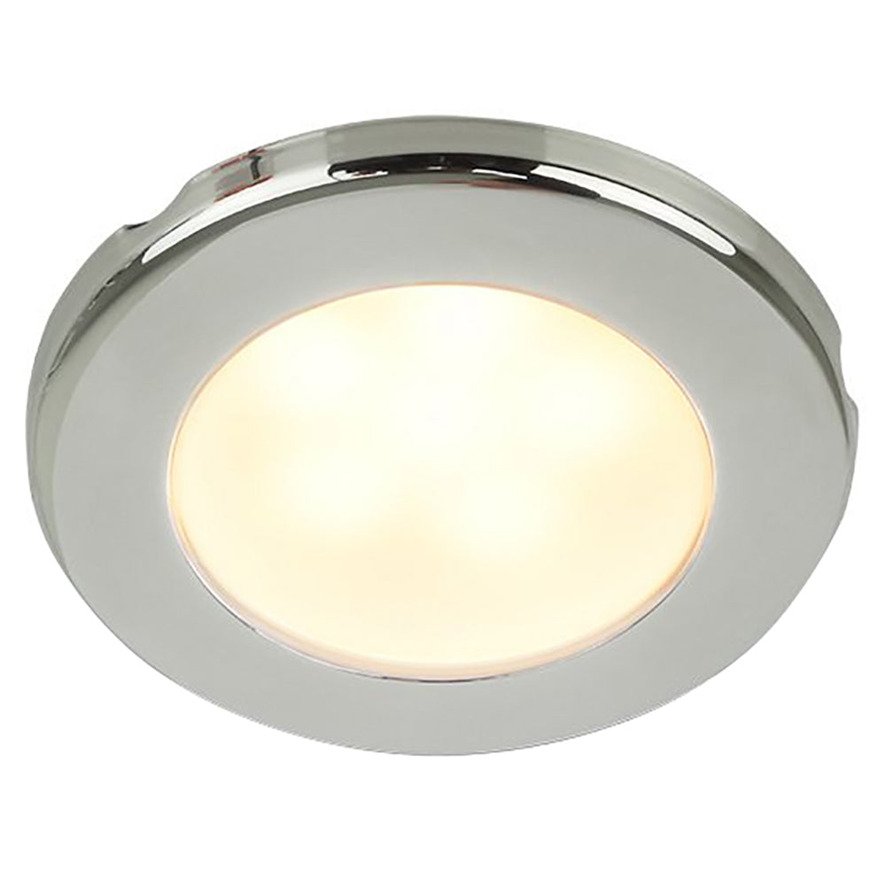 Hella Marine EuroLED 75 3-inch round down light with warm white LED, stainless steel rim, screw mount, 12V marine dome light.