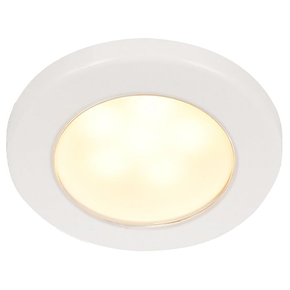 Hella Marine EuroLED 75 3-inch round screw mount down light with warm white LED, white plastic rim, 12V marine dome light.