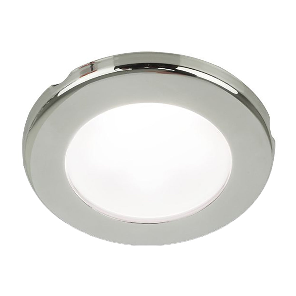 Hella Marine EuroLED 75 3-inch round screw mount down light with white LED and stainless steel rim, suitable for 24V marine use.