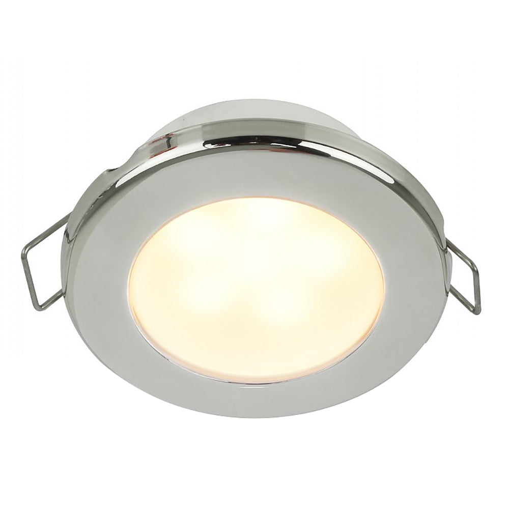 Hella Marine EuroLED 75 3-inch round down light with warm white LED, stainless steel rim, spring mount, 12V marine dome light.