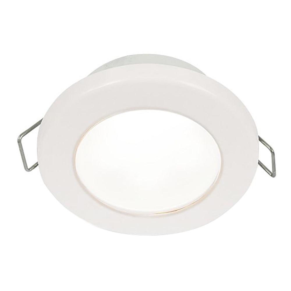 Hella Marine EuroLED 75 3-inch round spring mount down light with white LED, plastic rim, suitable for 12V marine applications.