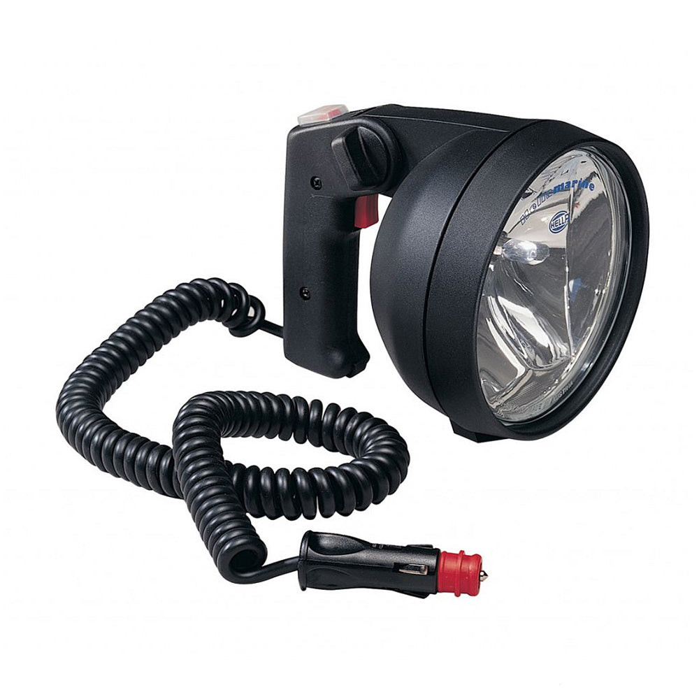Hella Marine Twin Beam Handheld Search Light in black, 12V flashlight with adjustable beams for maritime search and rescue.