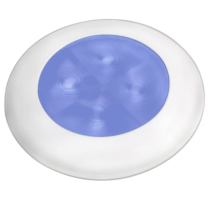 Hella Marine Blue LED round courtesy lamp with white bezel, 24V interior courtesy light for marine or boat use.