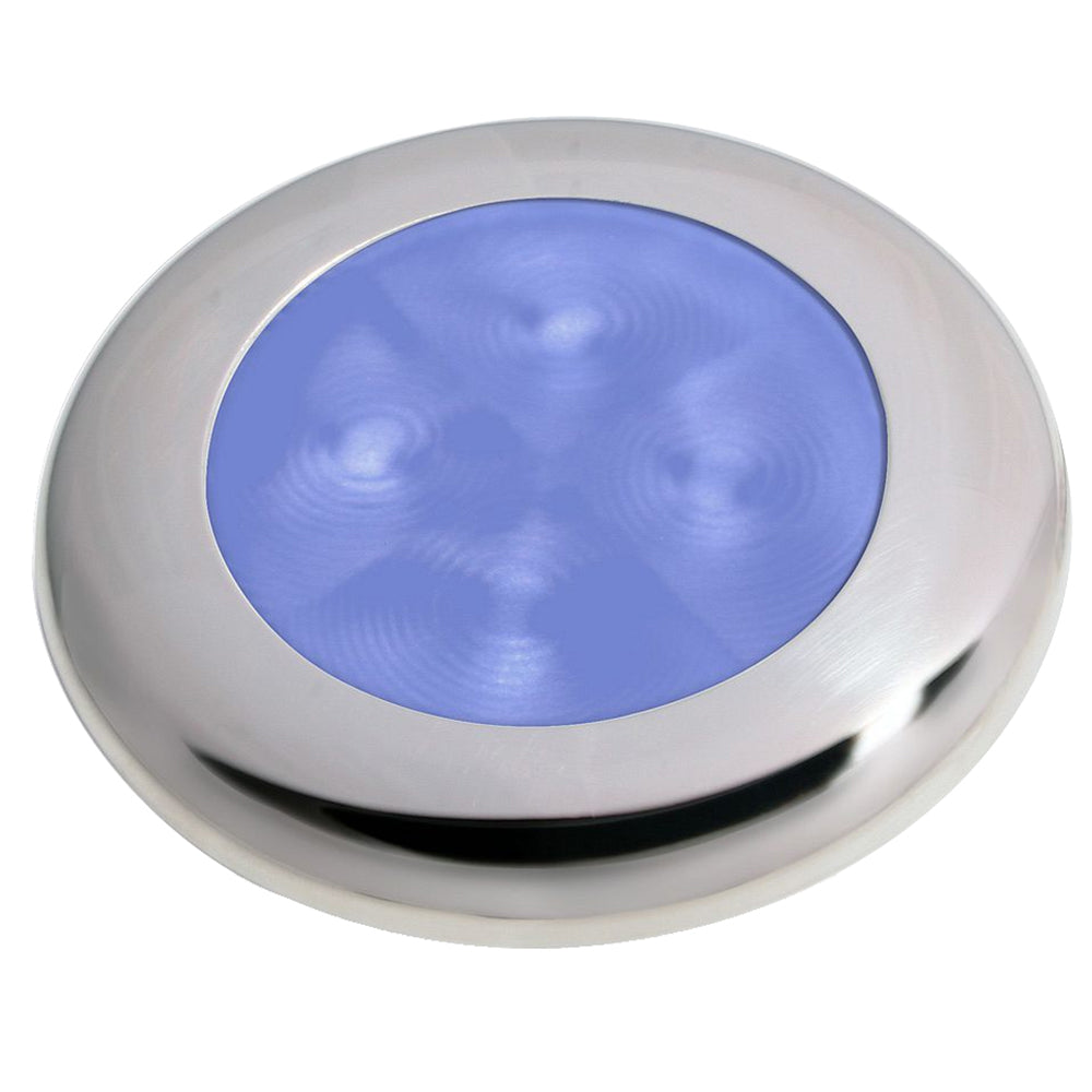 Hella Marine Slim Line LED courtesy lamp with blue LED, stainless steel bezel, 12V interior light for boats.