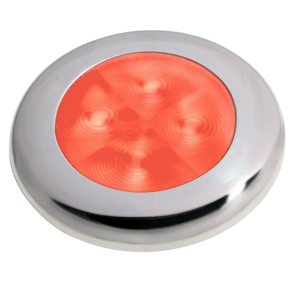 Hella Marine Slim Line LED courtesy lamp with red LED, stainless steel bezel, interior lighting, 12V, enhanced brightness.