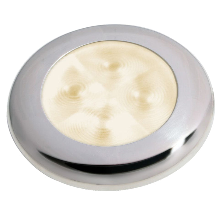 Hella Marine Slim Line LED courtesy lamp with warm white light, stainless steel bezel, round shape, 12V interior courtesy light.