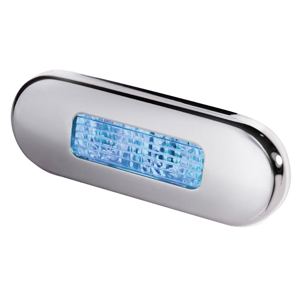 Hella Marine surface mount oblong LED courtesy lamp with blue LED light and stainless steel bezel for boat interior lighting.